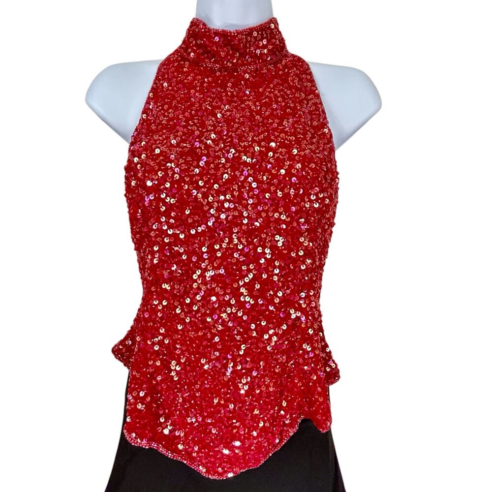 Adrianna Papell Vintage Red Sequins Beaded Sleeveless Mock Neck Top M